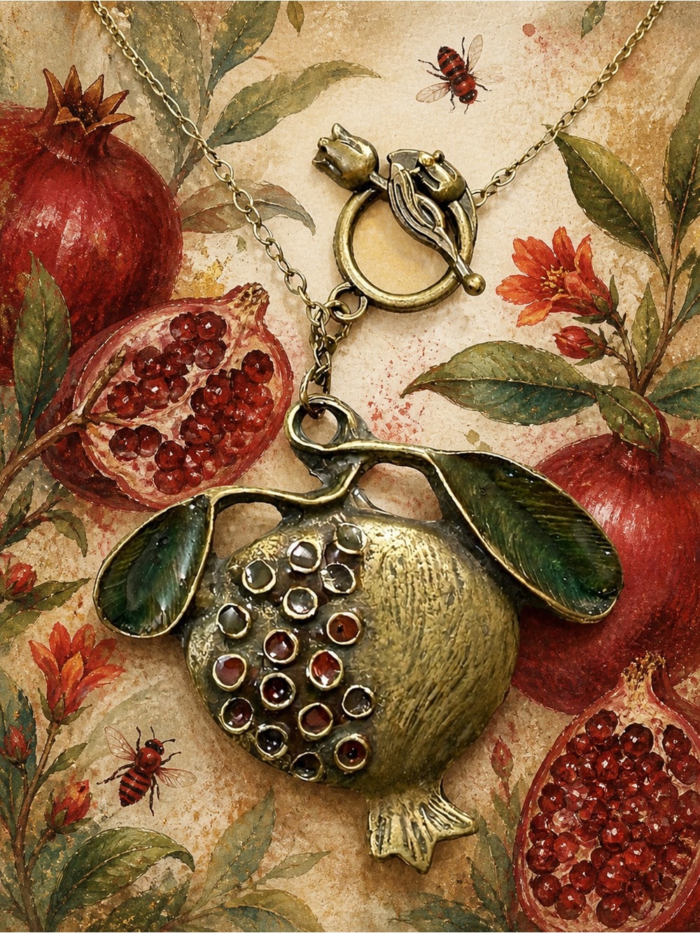 Vintage Pomegranate Pendant Necklace, One-of-a-Kind Boho Statement Necklace - Picture 9 of 9